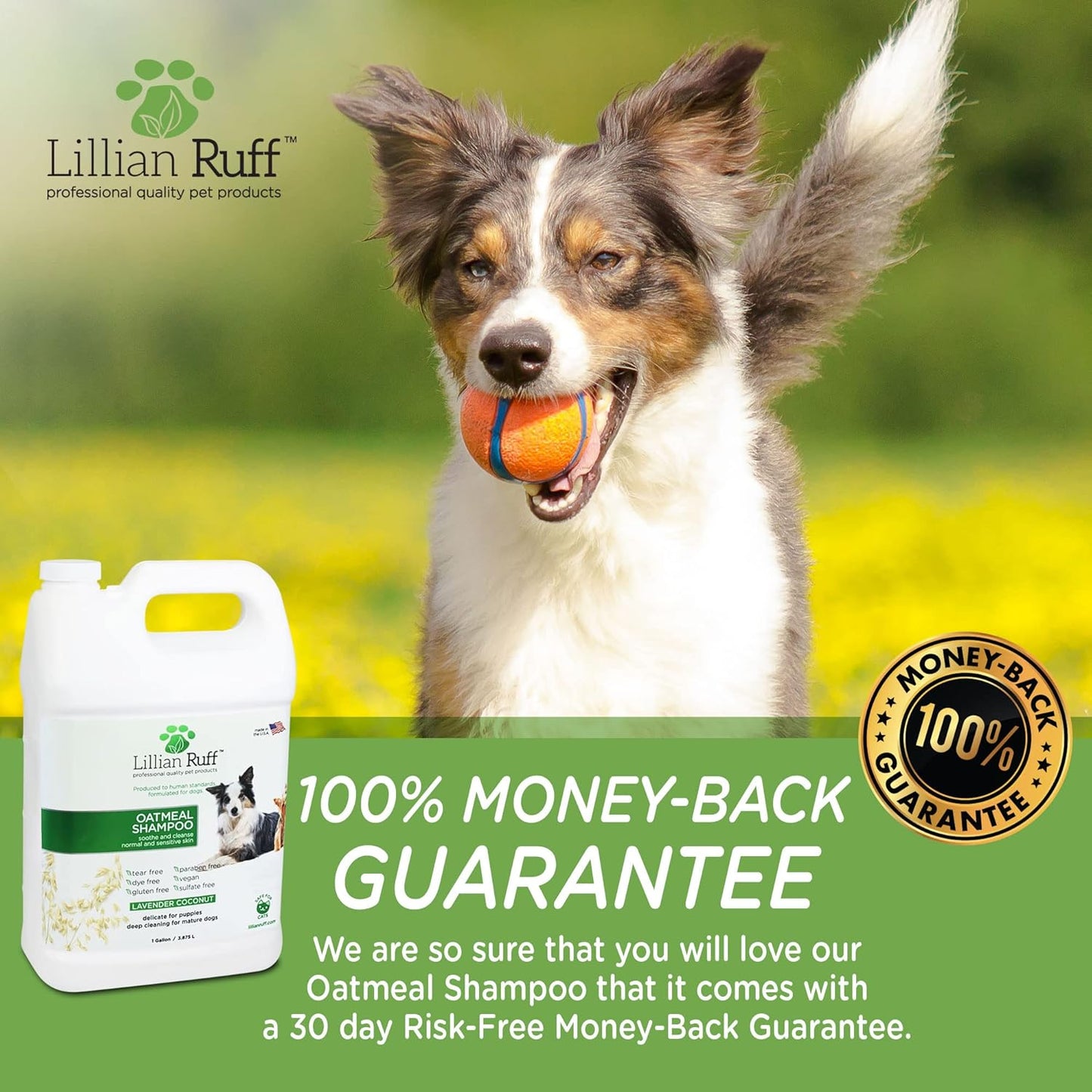 Lillian Ruff Calming Oatmeal Pet Shampoo for Dry Skin & Itch Relief with Aloe & Hydrating Essential Oils - Replenish Moisture & Deodorize - Tearless Dog Shampoo for Normal/Sensitive Skin (Gallon)