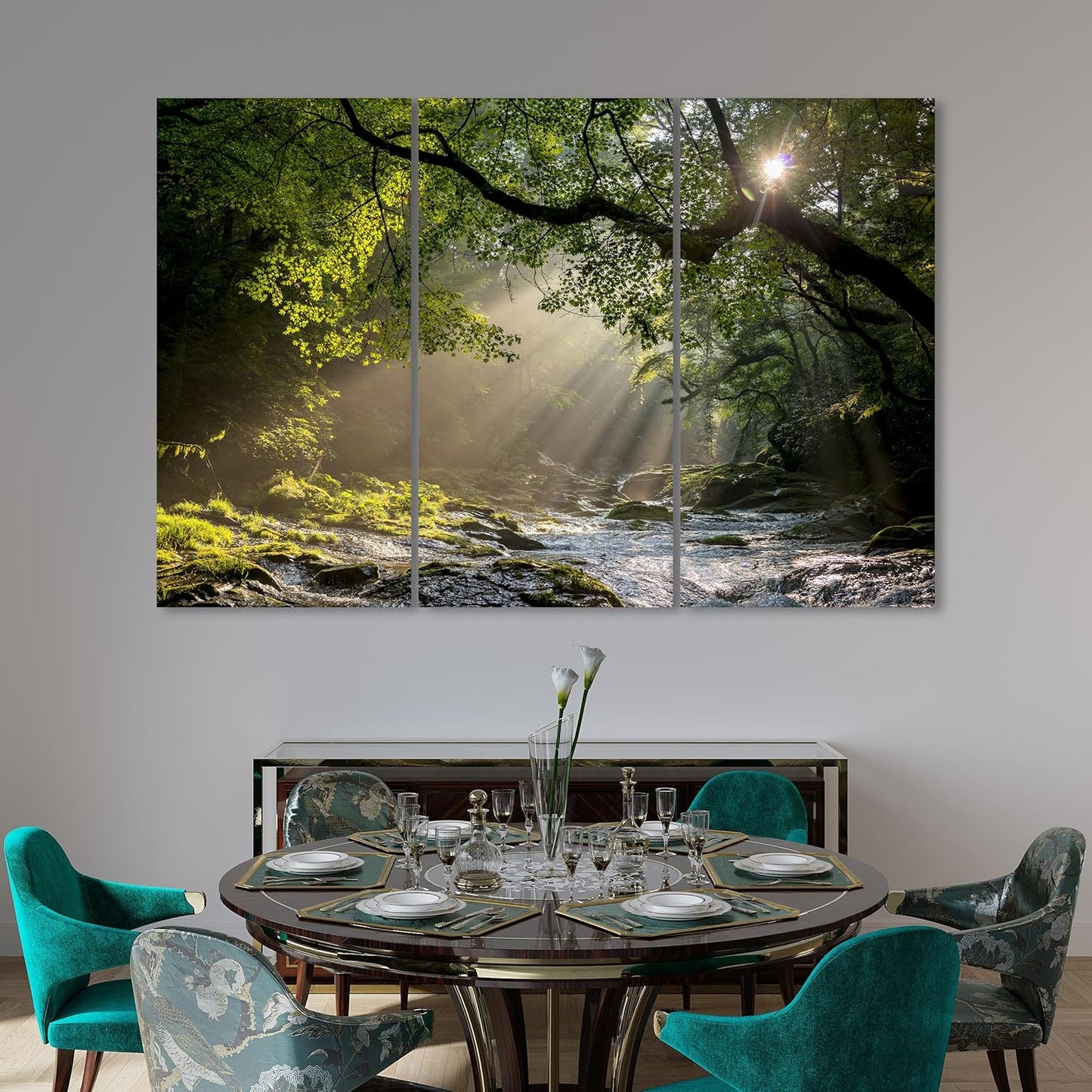 Nature Wall Art Prints - Ocean Forest Mountain Lake Canvas Landscapes - Small to Extra Large Living Room Bedroom Kitchen Bathroom Décor (Rocky River in the Woods, 47L" x 71W" - 3 panels)