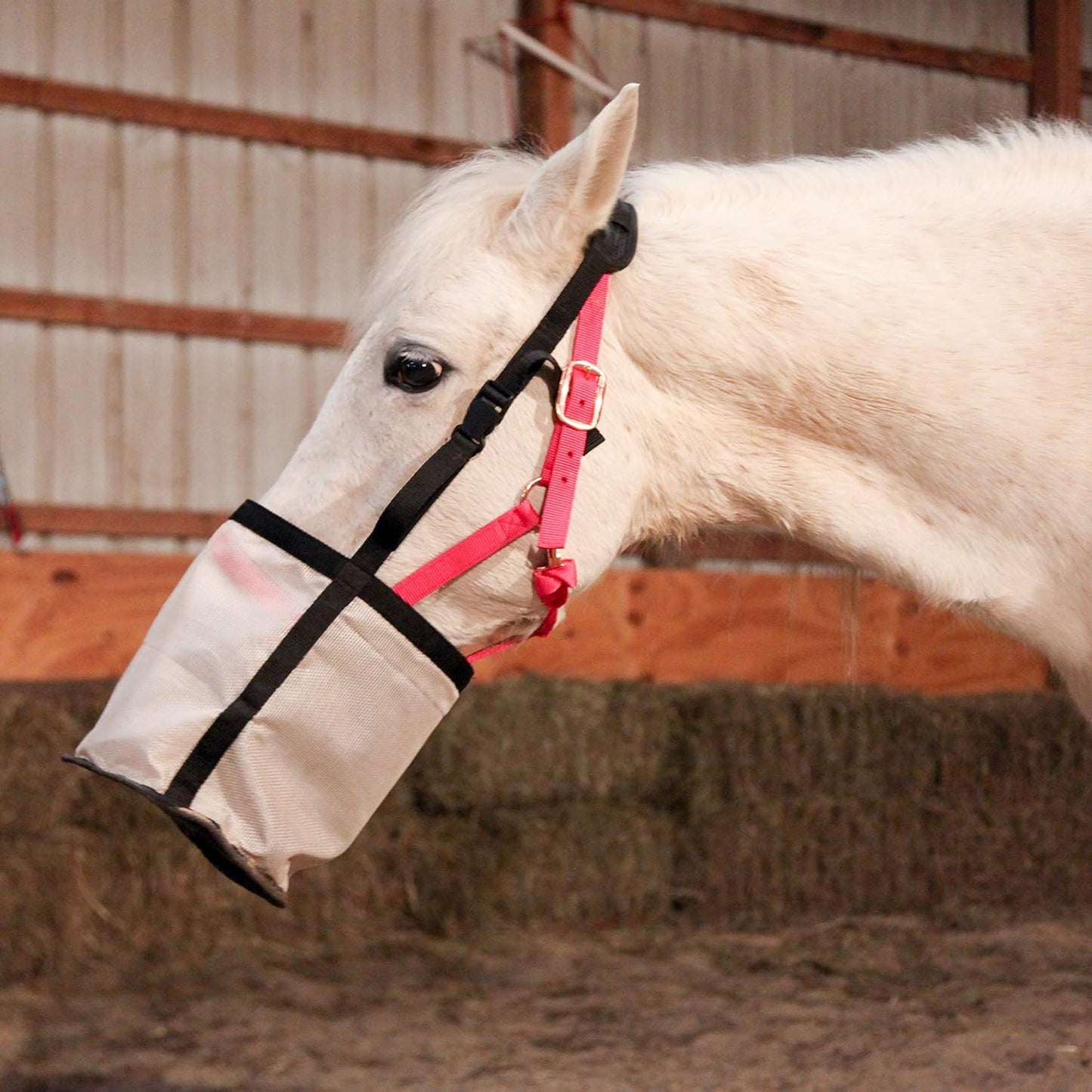 Majestic Ally Horse Feed Bag, Heavy Duty Nylon Mesh Grain Feed Bag, Adjustable Strap with Durable Snap and Elastic Straps, Comfort Neck Pad and Nose Pad- Large (Draft, Beige)