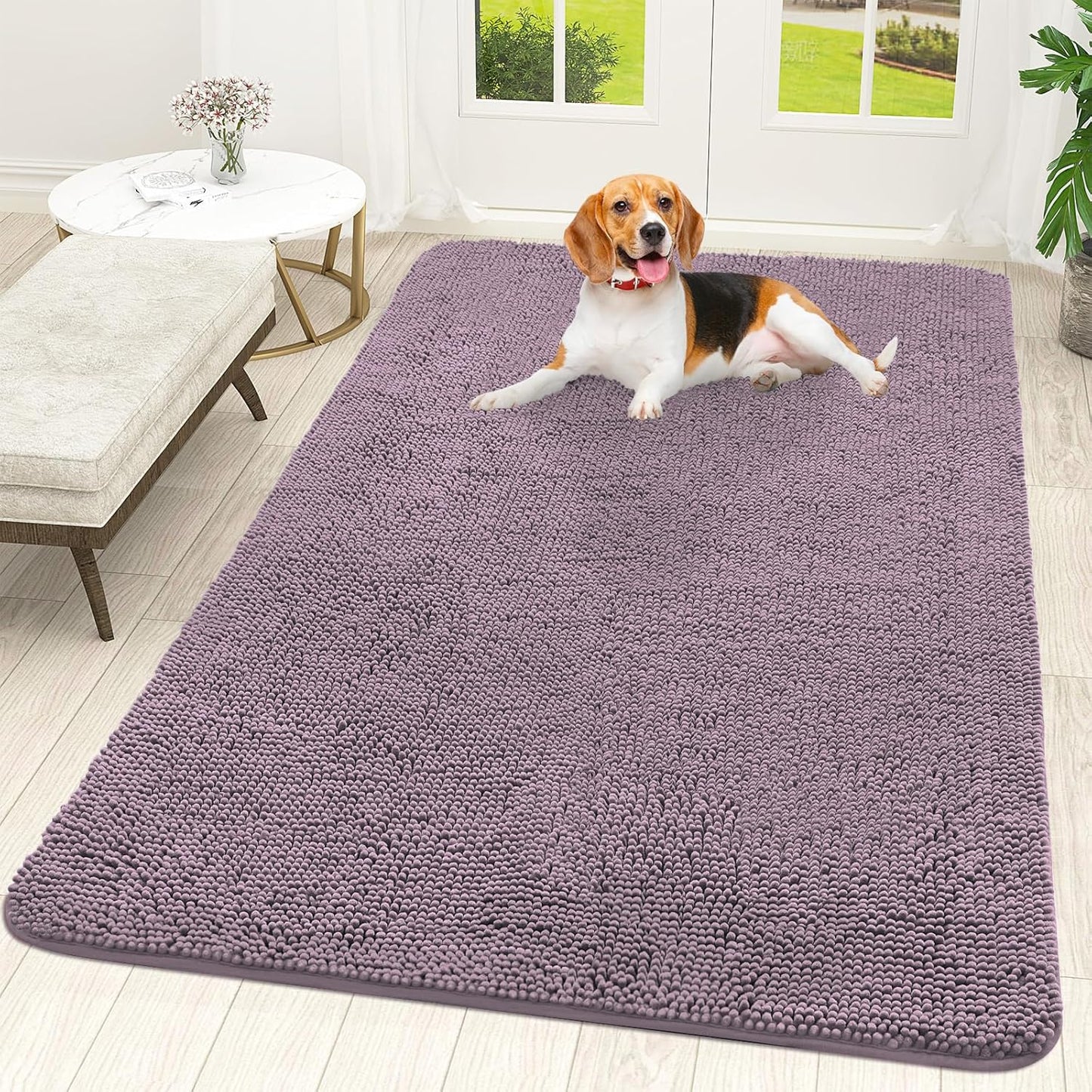 OLANLY Dog Door Mat for Muddy Paws 59x35, Absorbs Moisture and Dirt, Absorbent Non-Slip Washable Doormat, Quick Dry Chenille Mud Mat for Dogs, Entry Indoor Entryway Carpet for Inside Floor, Deep Plum