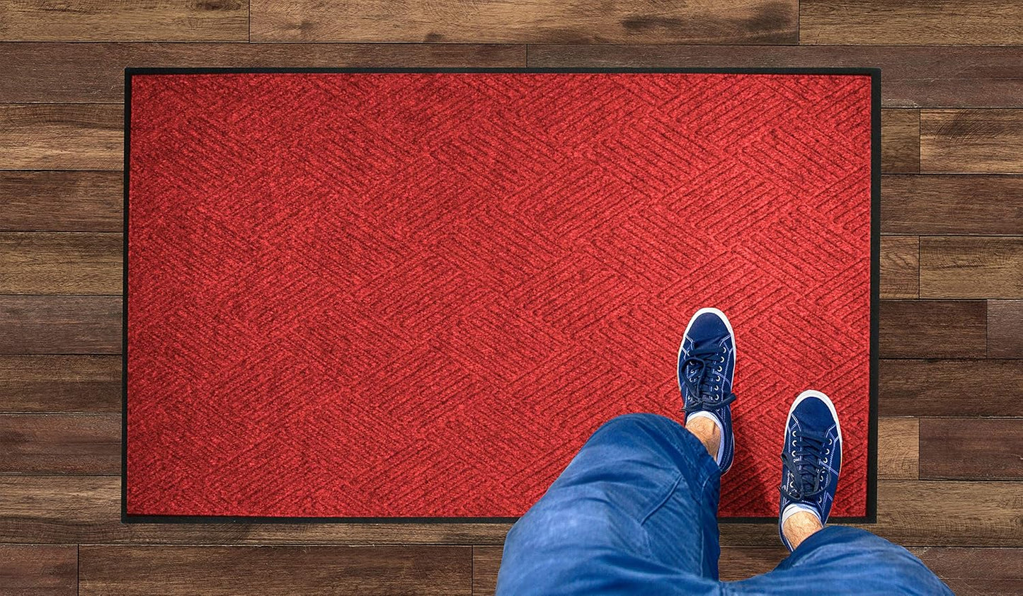 WaterHog Diamond | Commercial-Grade Entrance Mat with Rubber Border – Indoor/Outdoor, Quick Drying, Stain Resistant Door Mat (Solid Red, 3' x 5')