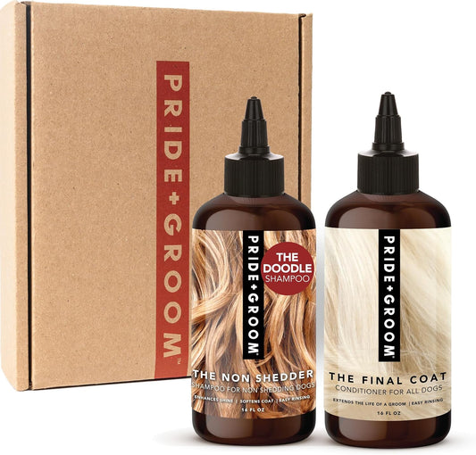 Pride and Groom The Non Shedder Box Set – Dog Shampoo & Conditioner with All Natural Blend of Essential Oils & Ingredients to Heal and Nourish for Long Lasting Shine & Manageability – 32oz