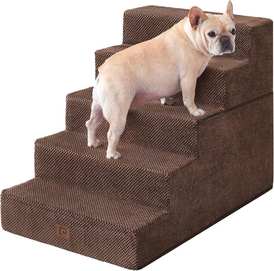 EHEYCIGA Dog Stairs for High Bed 25" H, 5-Step Extra Wide Dog Steps for Bed, Pet Steps for Small Dogs and Cats, Non-Slip Balanced Pet Ramp Indoor, Brown