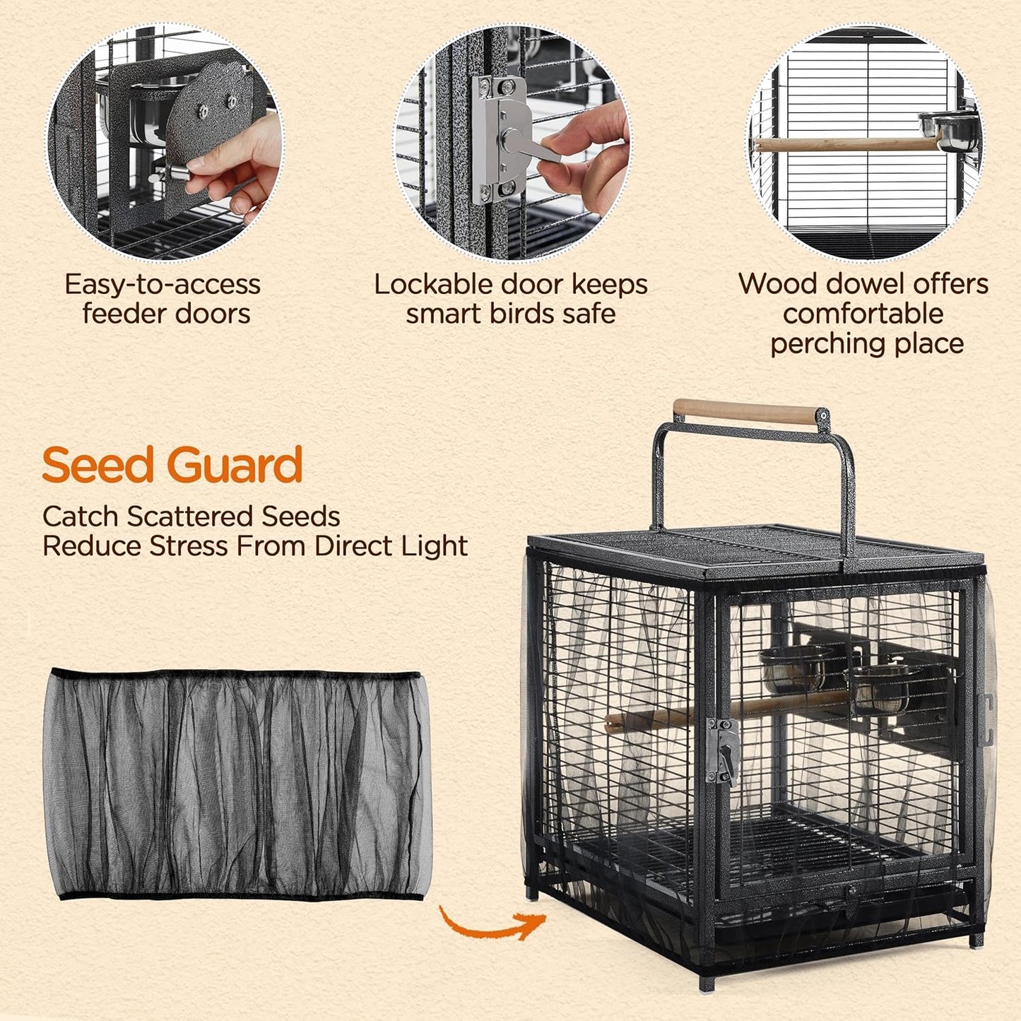 Yaheetech 25.5'' Wrought Iron Bird Travel Carrier Cage Parrot Cage with Handle Wooden Perch & Seed Guard for Small Parrots Canaries Budgies Parrotlets Lovebirds Conures Cockatiels