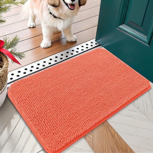 OLANLY Dog Door Mat for Muddy Paws 24x16, Absorbs Moisture and Dirt, Absorbent Non-Slip Washable Doormat, Quick Dry Chenille Mud Mat for Dogs, Entry Indoor Entryway Carpet for Inside Floor, Coral