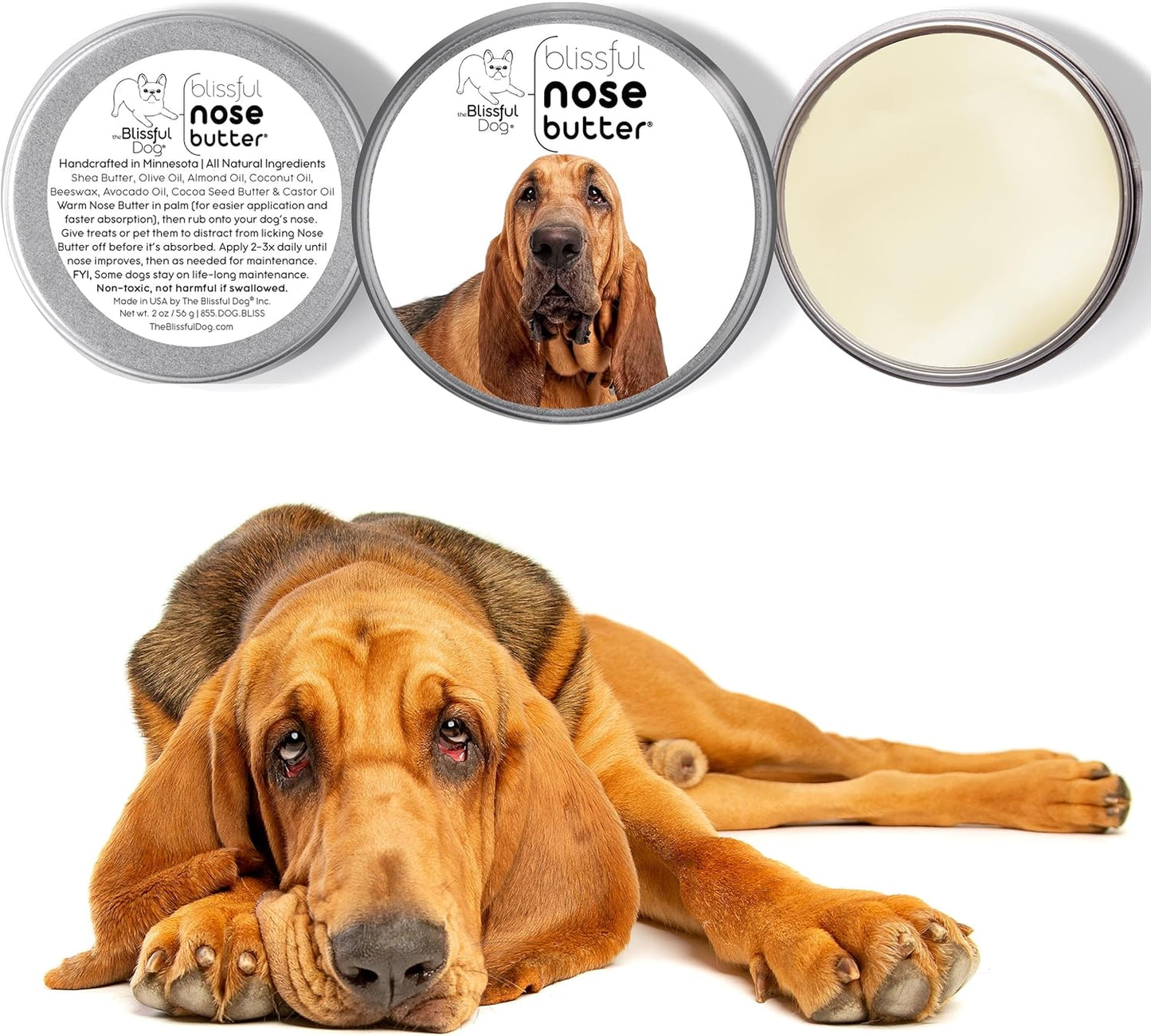 The Blissful Dog Bloodhound Nose Butter for Dry, Cracked Skin, Lick-Safe Dog Nose Balm with Moisturizing Shea Butter, Almond, Olive, and Essential Oils, Pet Supplies, Uncented, 4 oz.