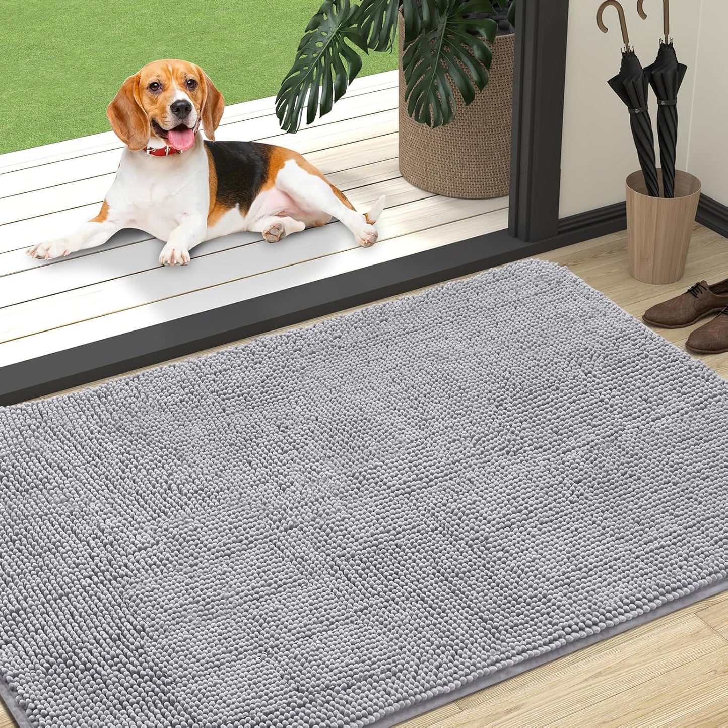 OLANLY Dog Door Mat for Muddy Paws 47x32, Absorbs Moisture and Dirt, Absorbent Non-Slip Washable Doormat, Quick Dry Chenille Mud Mat for Dogs, Entry Indoor Entryway Carpet for Inside Floor, Light Grey