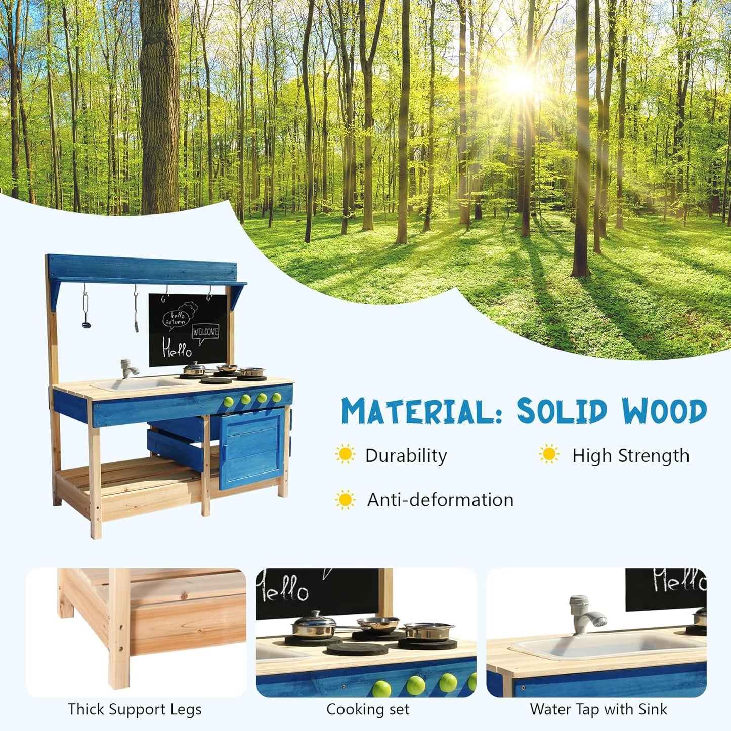 Mud Kitchen Playset for, Outdoor Wooden Toy Play Kitchen Set for Boys and Girls, Kitchen Accessories and Garden Sink with Faucet, Blackboard, Cookware Pot (Blue)