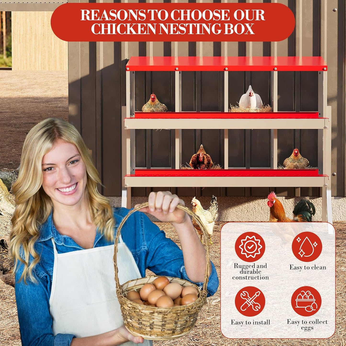 8 Hole Chicken Nesting Box with Roll Out Egg Tray, Rustproof & Ventilated Chicken Laying Boxes for Hens, Chickens, Ducks | Easy-Clean Poultry Coop Accessories, Red with Stand