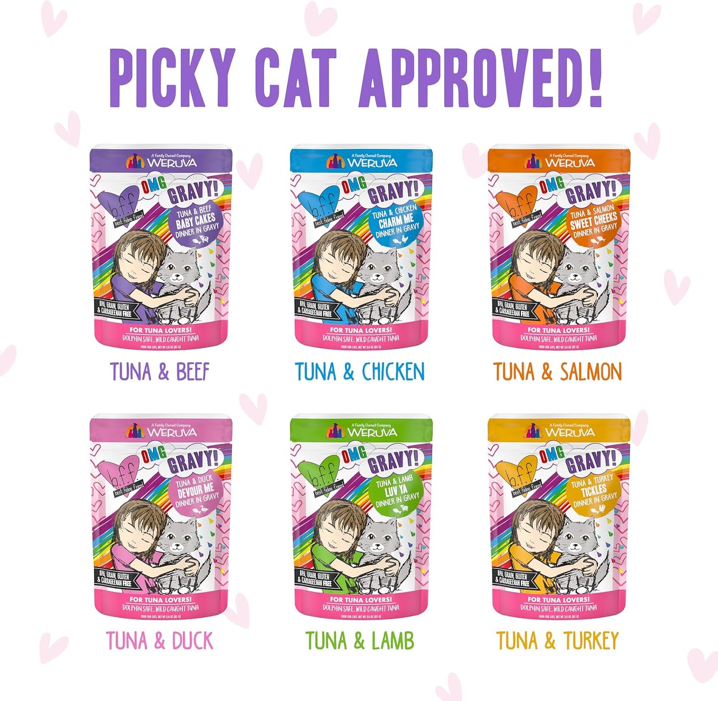 Weruva B.F.F. OMG - Best Feline Friend Oh My Gravy!, Rainbow A Gogo Variety Pack! Cat Food, 3oz Pouch (Pack of 12)