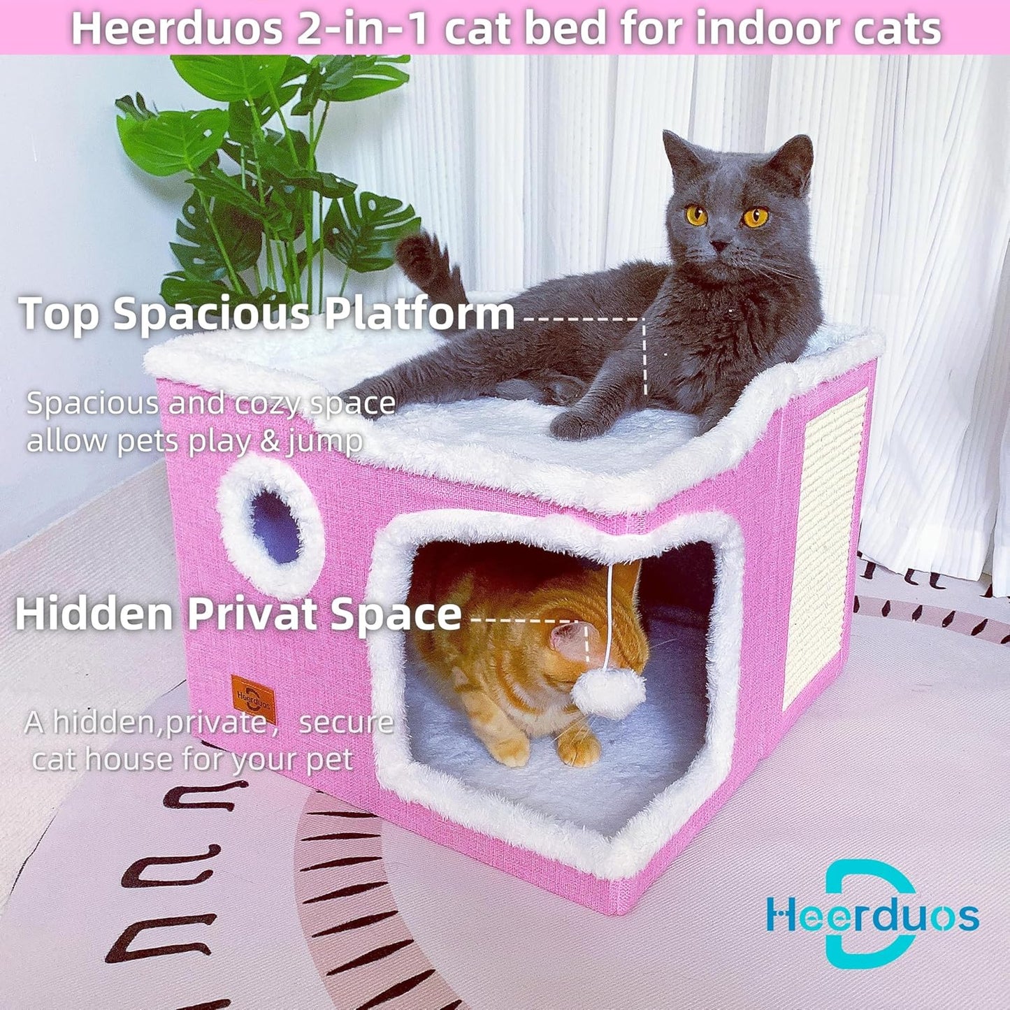 Cat Bed for Indoor Cats,Covered Cat Cave House & Furniture with Scratch Pad,Foldable Cat Hideaway Hut Cute Cat Condo with Soft Washable Mat for Multi Small Pet Under 30 lbs, Pink