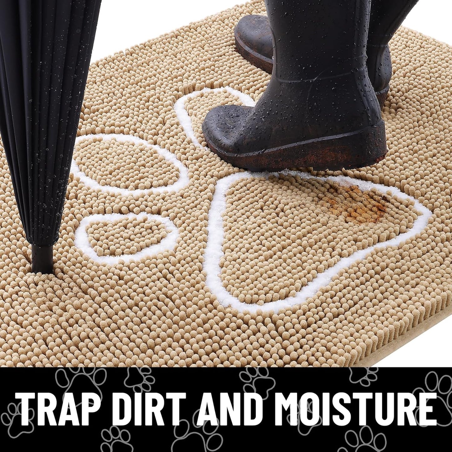 Smiry Dog Door Mat for Muddy Paws, Absorbent Dirt Trapper Non Slip Quick Dry Washable Chenille Mat for Mud Dogs, Entry Rug for Indoor and Outdoor (36x24 Inches, Beige)