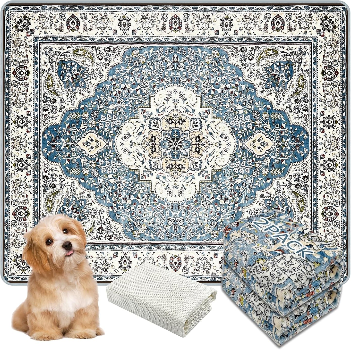 Washable Pee Pads for Dogs, (2 Pack, 36"x42") Upgrade Reusable Puppy Pads with Non-Slip Rug Pad, Super Thickening Absorbent Leakproof Dog Traning Pads Whelping Pad for Dogs, Doggie(Blue-1)