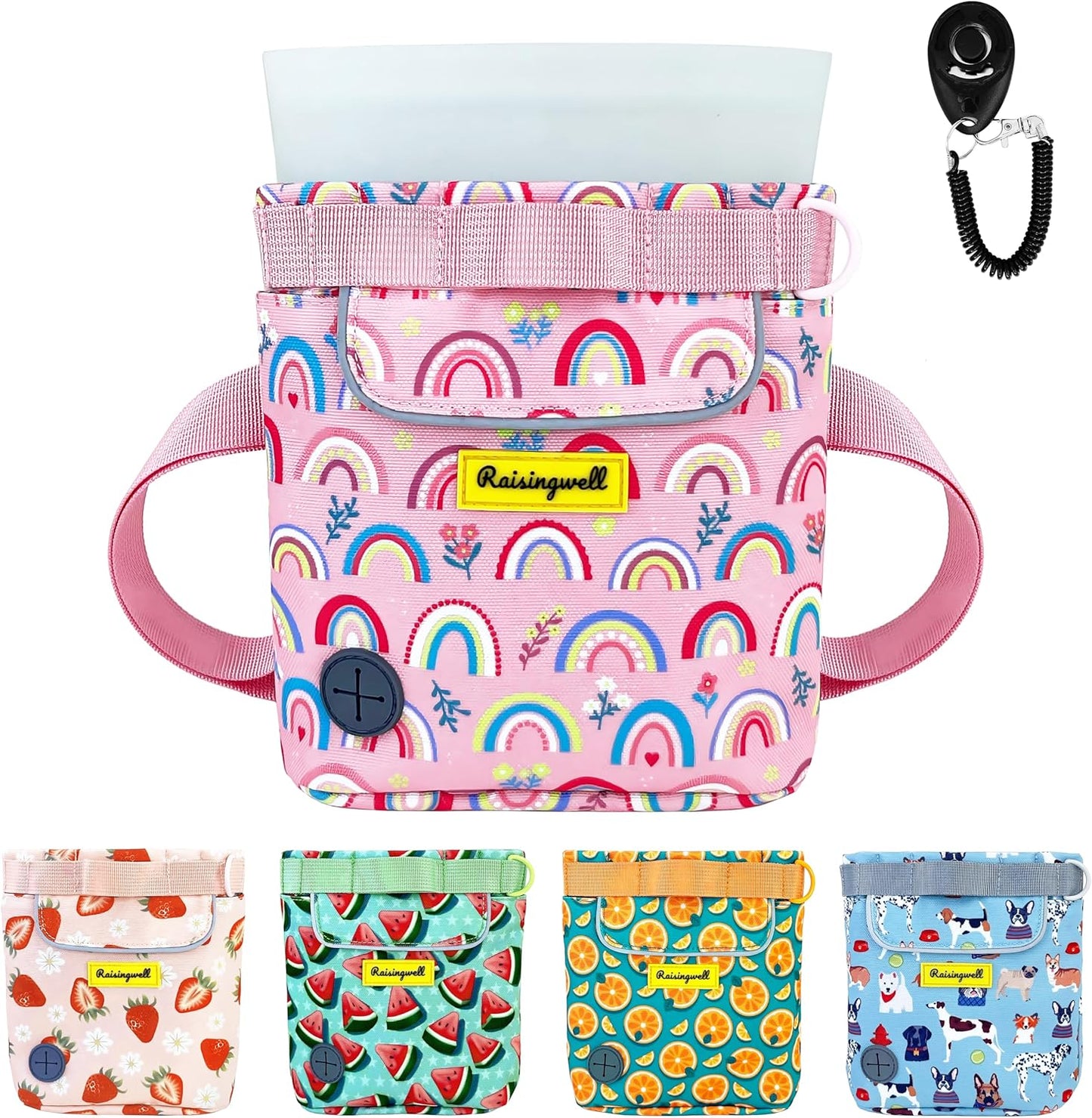 Dog Treat Pouch for Pet Walking and Training with Clicker 2 Cup Silicone Bag Small Fanny Pack Holder for Puppy Snack Dispenser Kit for Leash and Outdoor Use (Rainbow)