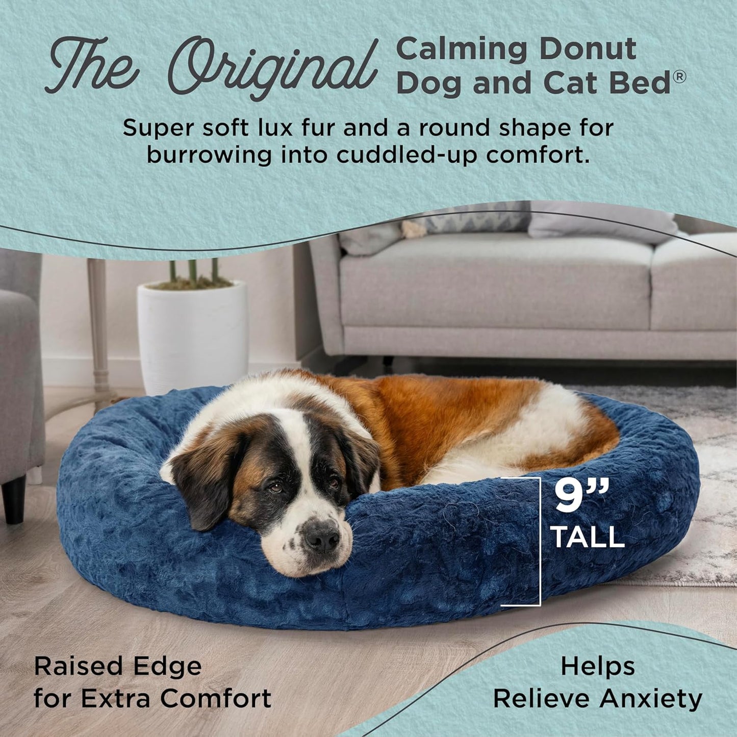 Best Friends by Sheri Original Calming Donut Dog and Cat Bed, Lux Faux Fur, Navy Blue, XL (45in x 45in) - Anxiety Relief for Pets Up to 150 lbs