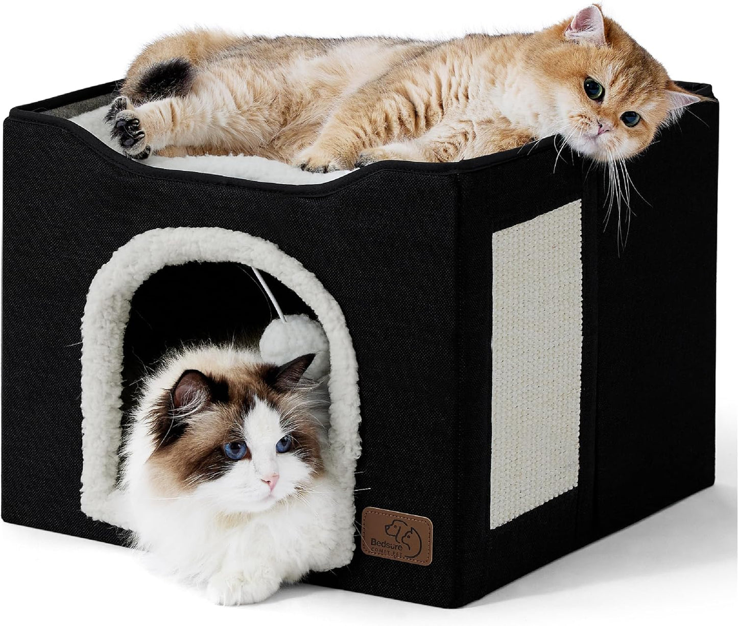 Bedsure Cat Beds for Indoor Cats - Large Cat Cave for Pet Cat House with Fluffy Ball Hanging and Scratch Pad, Foldable Cat Hideaway, 16.5x16.5x13 inches, Black