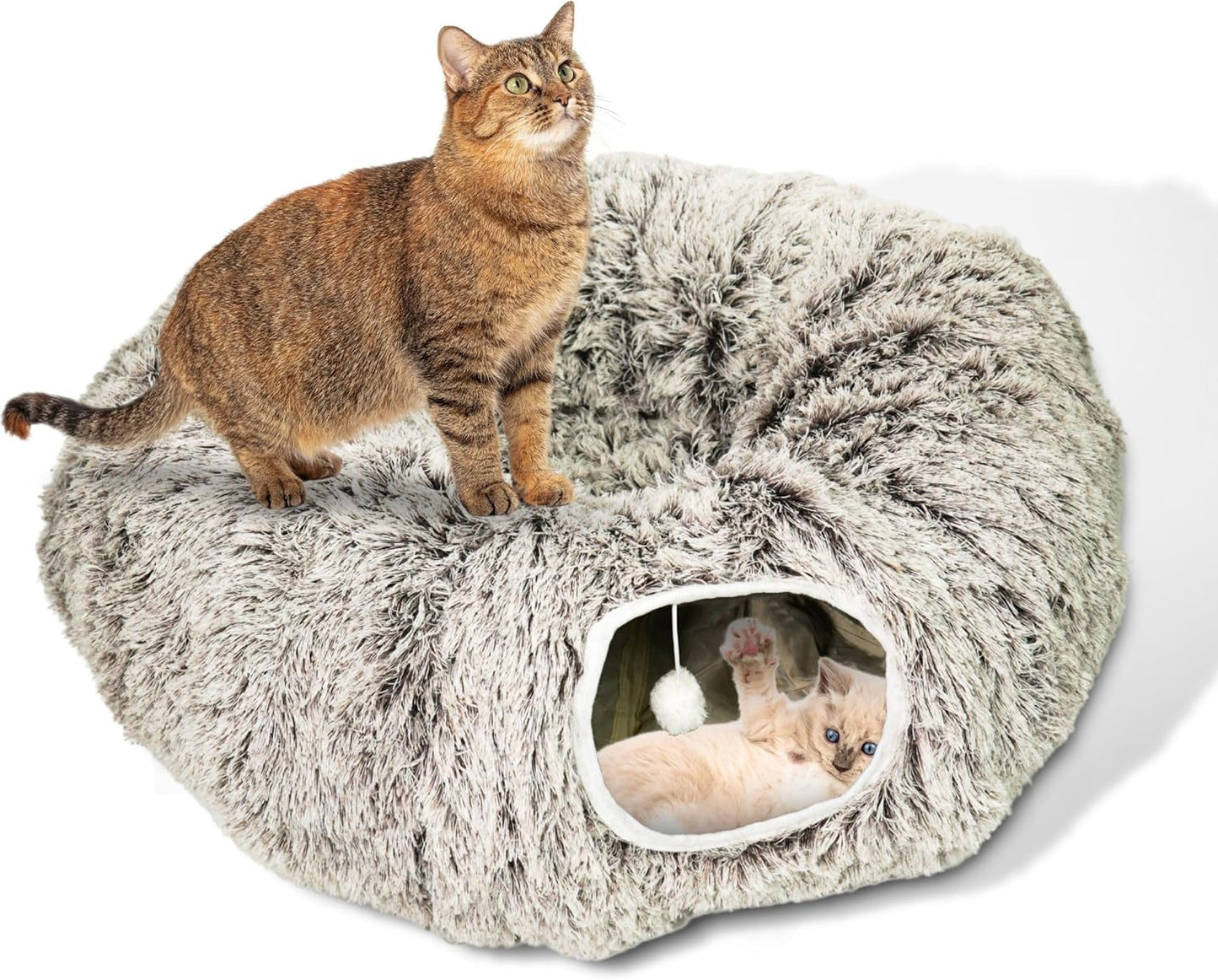 Cat Donut Bed with Washable Cushion – Cat Caves for Indoor Cats – Collapsible Donut Bed with Peekaboo Pet Tunnel Toy – Cozy Hideout for Kittens, Ferrets, Rabbits & Dogs - Brown