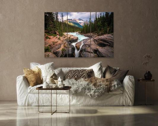 Nature Wall Art Prints - Ocean Forest Mountain Lake Canvas Landscapes - Small to Extra Large Living Room Bedroom Kitchen Bathroom Décor (Mountain River Waterfall, 39L" x 59W" - 3 Panels)