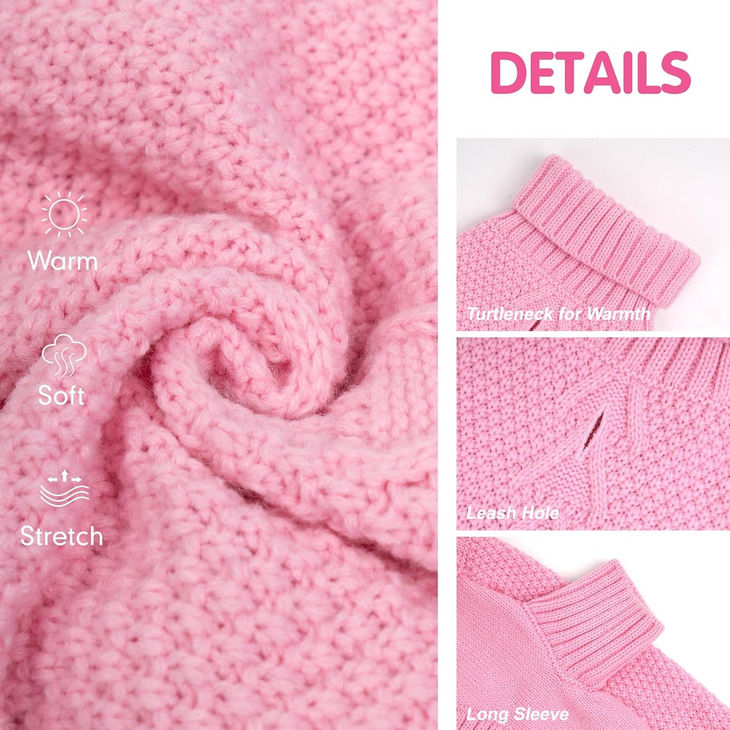cyeollo Turtleneck Dog Sweater Soft Knitwear Pullover Sweaters with Leash Hole Pet Clothes for Cold Weather Pet Small Dog Sweaters,Pink, XL