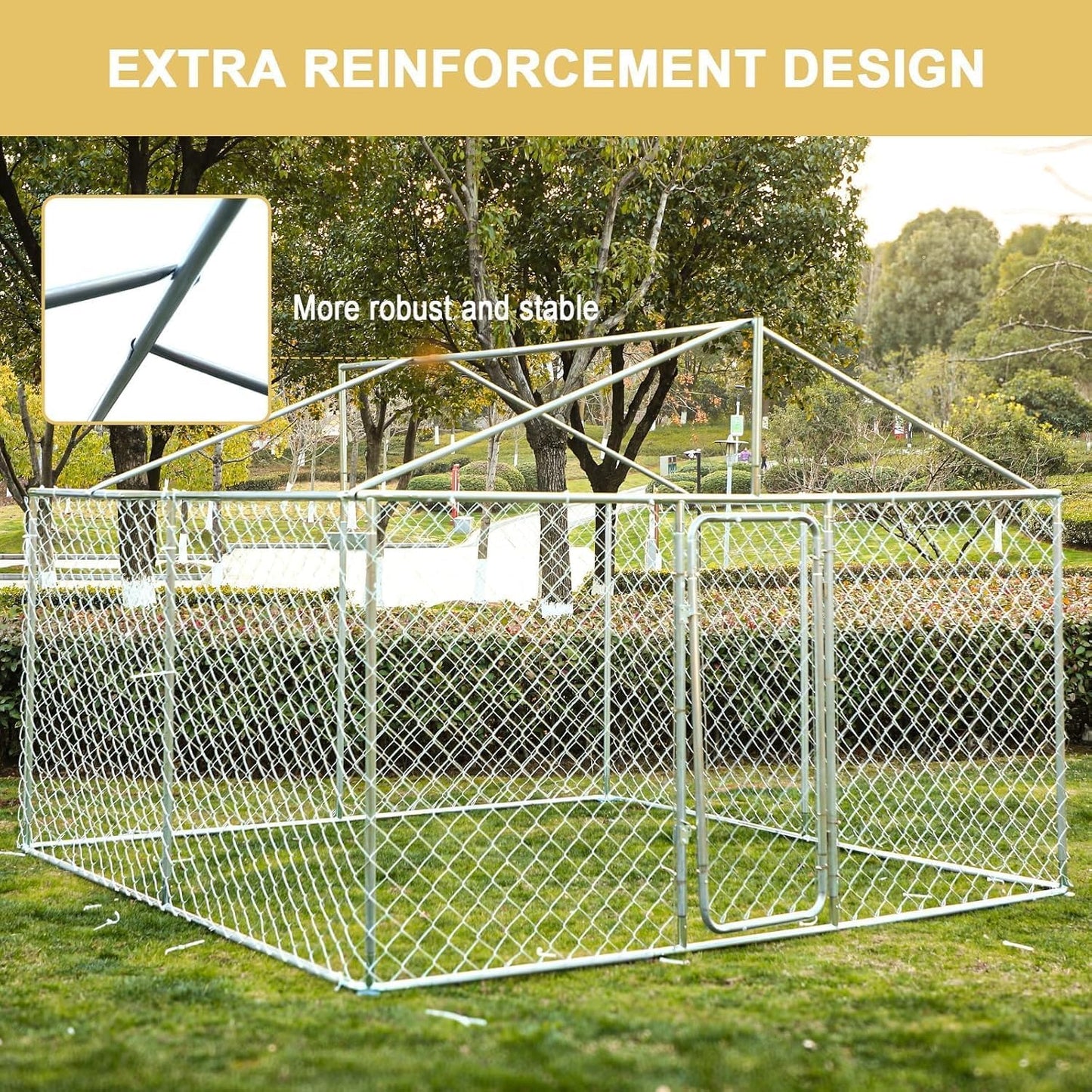 Outdoor Dog Kennel with Cover, Large Dog Run Fence House Big Cage Pen Enclosure, Heavy Duty Dogs Play Cage Pen Kennel (118" L x 118" W x 83" H)