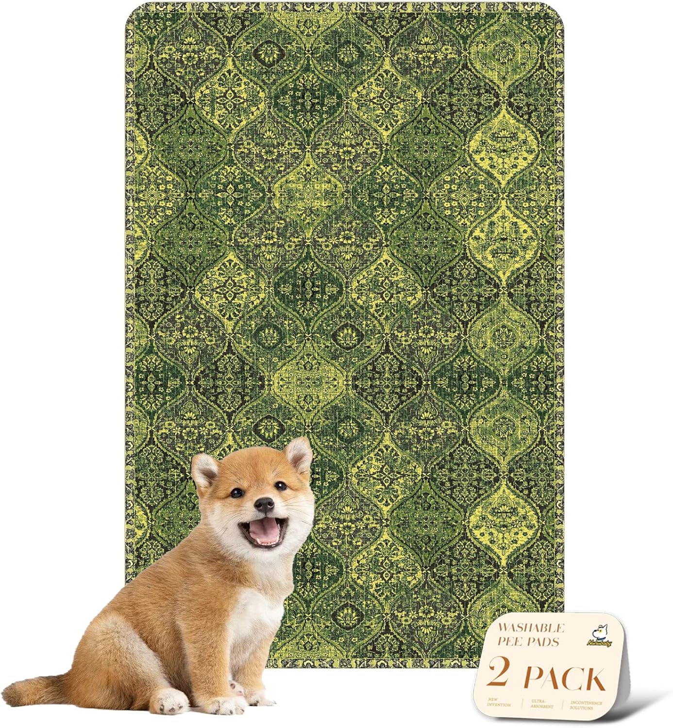nunubaby Washable Pee Pads for Dogs, Stylish, Non-Slip and Leak-Proof Pee Pads. Reusable Potty Pads for Dogs for Crates and Floors.(Green/Multi, 24" x36")