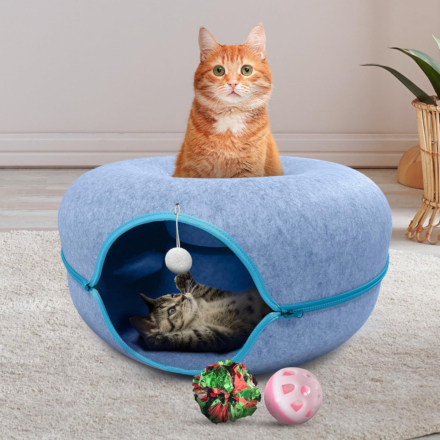 Okoco Cat Tunnel Bed for Indoor Cats Large, 24" Peekaboo Cat Cave Donut Bed for Pets up to 45lbs, 2-in-1 Round Tube with Hanging Ball Toy & Removable Machine Washable Parts (Light Blue)
