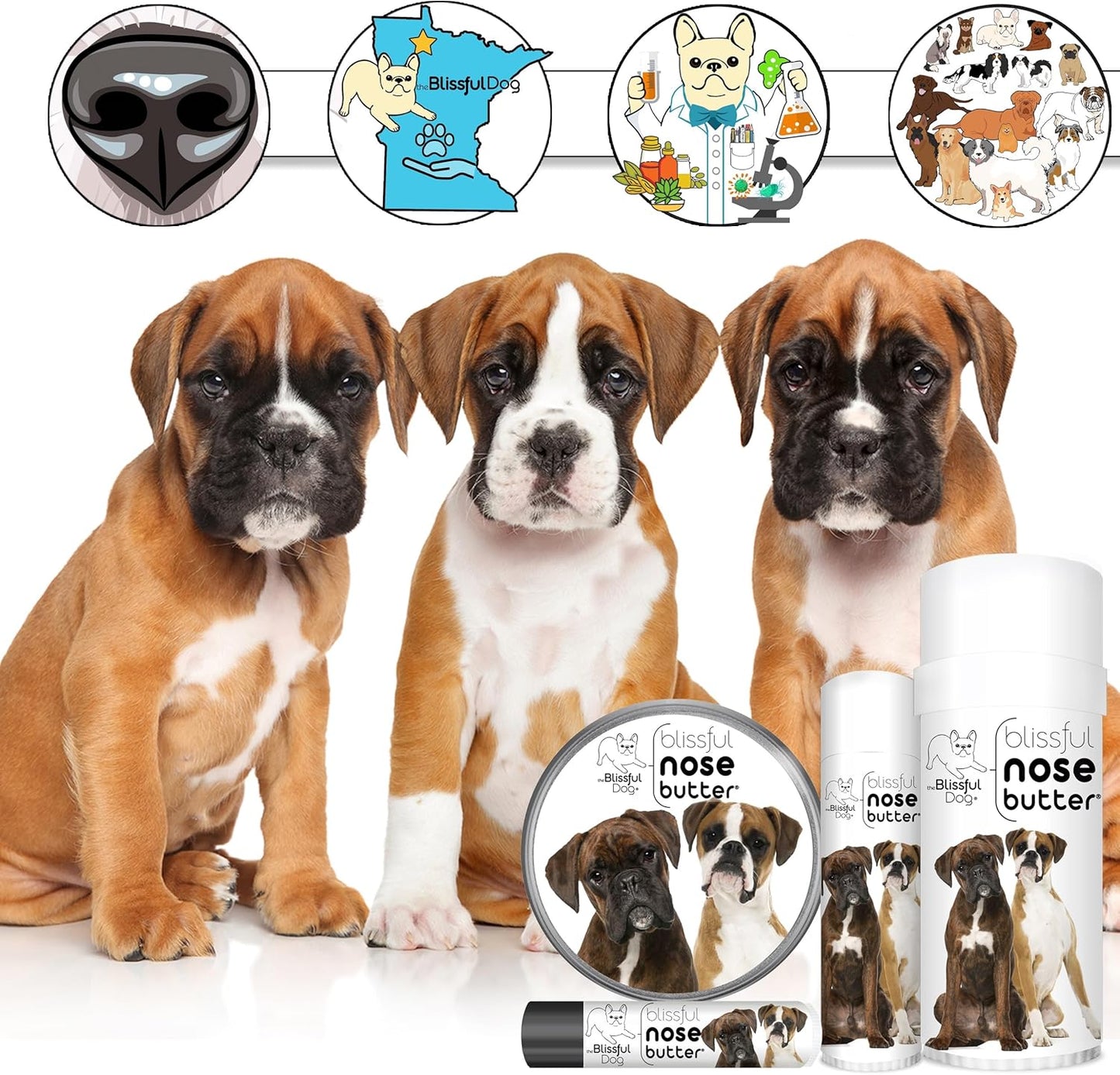 The Blissful Dog Boxer Duo Nose Butter for Dry, Cracked Skin, Lick-Safe Dog Nose Balm with Moisturizing Shea Butter, Almond, Olive, and Essential Oils, Pet Supplies, Uncented, 0.50 oz.
