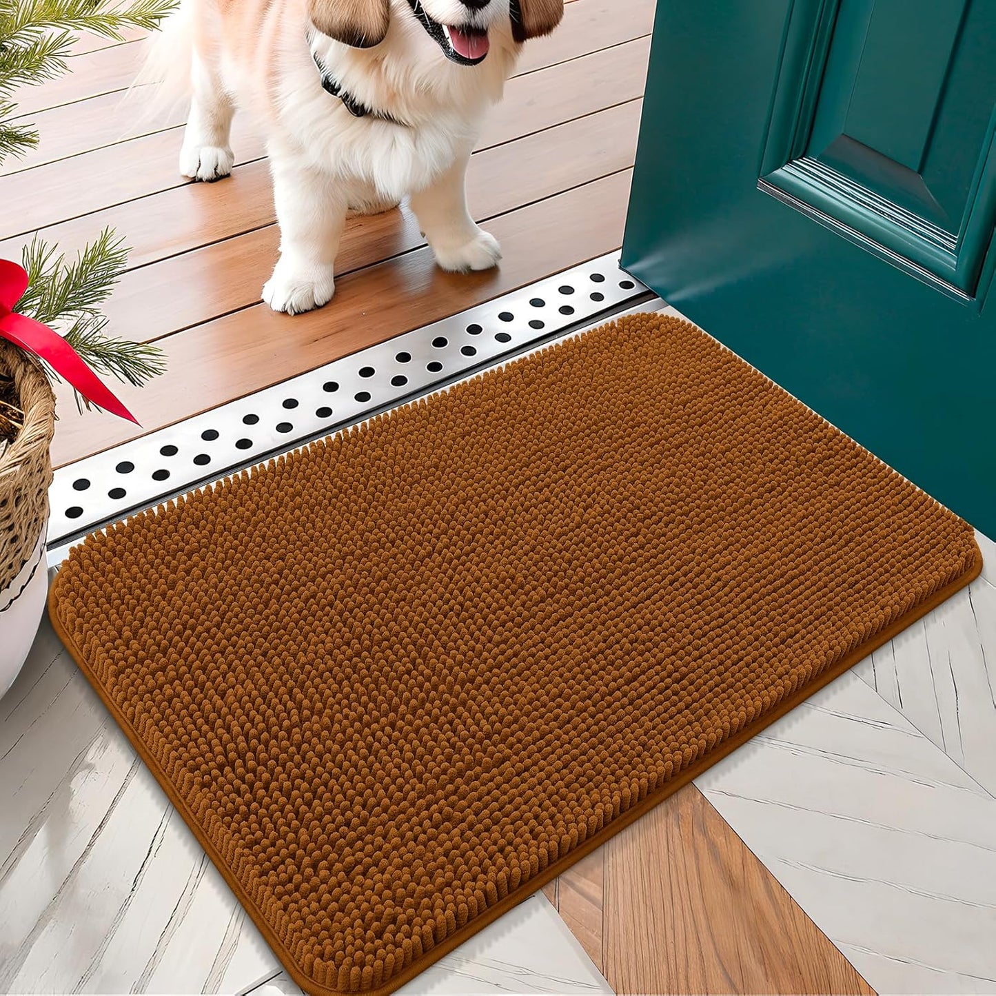 OLANLY Dog Door Mat for Muddy Paws 24x16, Absorbs Moisture and Dirt, Absorbent Non-Slip Washable Doormat, Quick Dry Chenille Mud Mat for Dogs, Entry Indoor Entryway Carpet for Inside Floor, Ochre