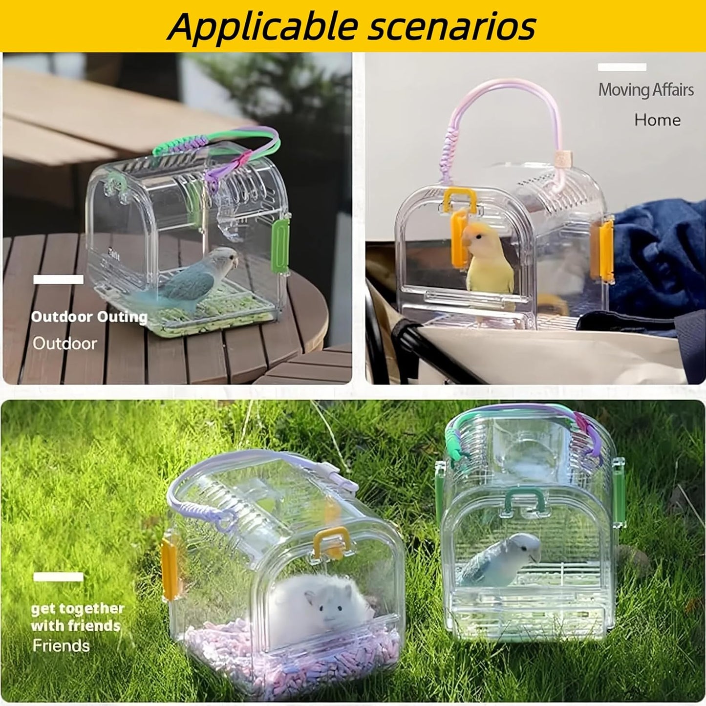 Small Bird Travel Cage Carrier,Portable Plastic Bird Cages,Portable Bird Carrier with Clear Acrylic Design, Travel Cage with Cover, Indoor Outdoor Use (Yellow)