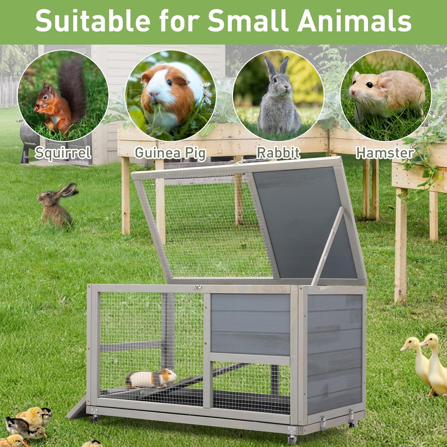 COZIWOW Wooden 36Inches Rabbit Hutch Outdoor with Wheels Bunny Cage Indoor Rabbit Cage with Clean Tray, Openable Roof, Anti-Slip Ramp for Small Bunny (Grey with Pattern)