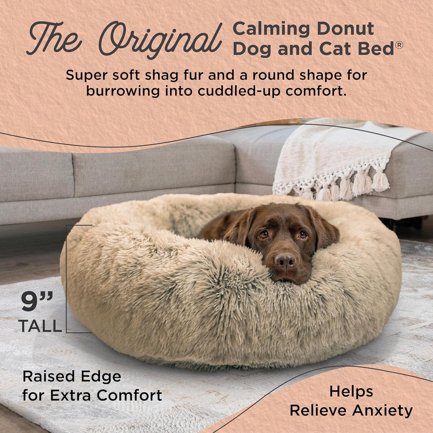 Best Friends by Sheri Original Calming Donut Dog and Cat Bed, Shag Faux Fur, Taupe, (36in x 36in) - Anxiety Relief for Pets Up to 100 lbs