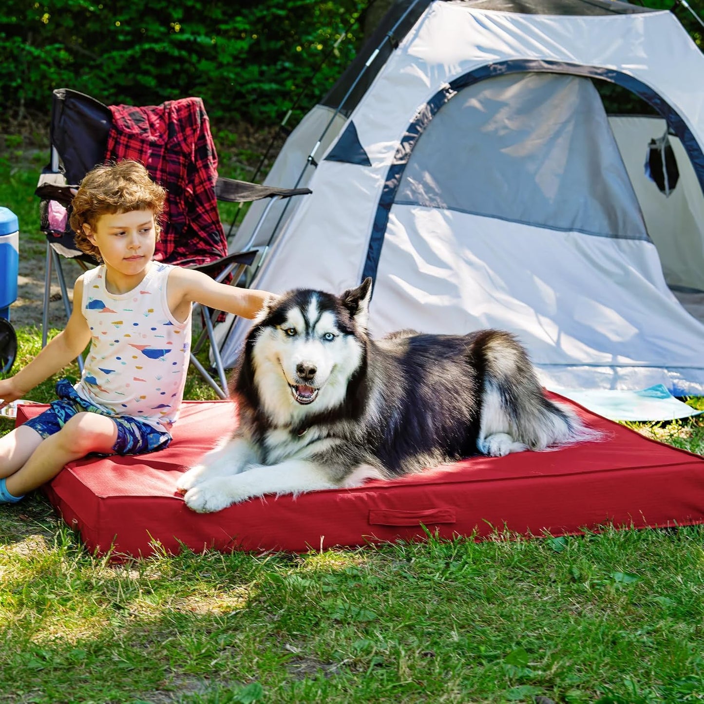 FurHaven Cooling Dog Bed – XXL Foam Mattress for Joint Pain Relief, Waterproof Liner, Removable Washable Cover, Durable for Outdoor Use, Deluxe Grid Indoor/Outdoor Bed – Red, Jumbo Plus