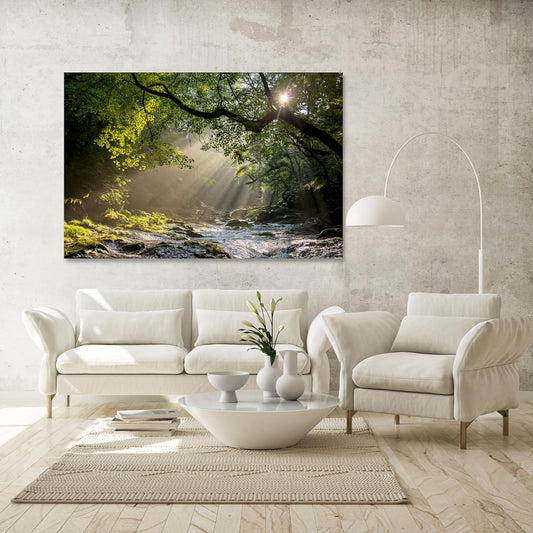 Nature Wall Art Prints - Ocean Forest Mountain Lake Canvas Landscapes - Small to Extra Large Living Room Bedroom Kitchen Bathroom Décor (Rocky River in the Woods, 28L" x 41W")