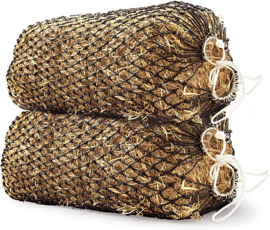 Bloomoak Slow Hay Net Feeder for Horses, Durable Soft Black PE 2/3 String Hay Bales Bags, Fit 36x18x18 to 47x25x17 Inches, Extends 50-64 Inches (2 1.6" Hole/2PC)