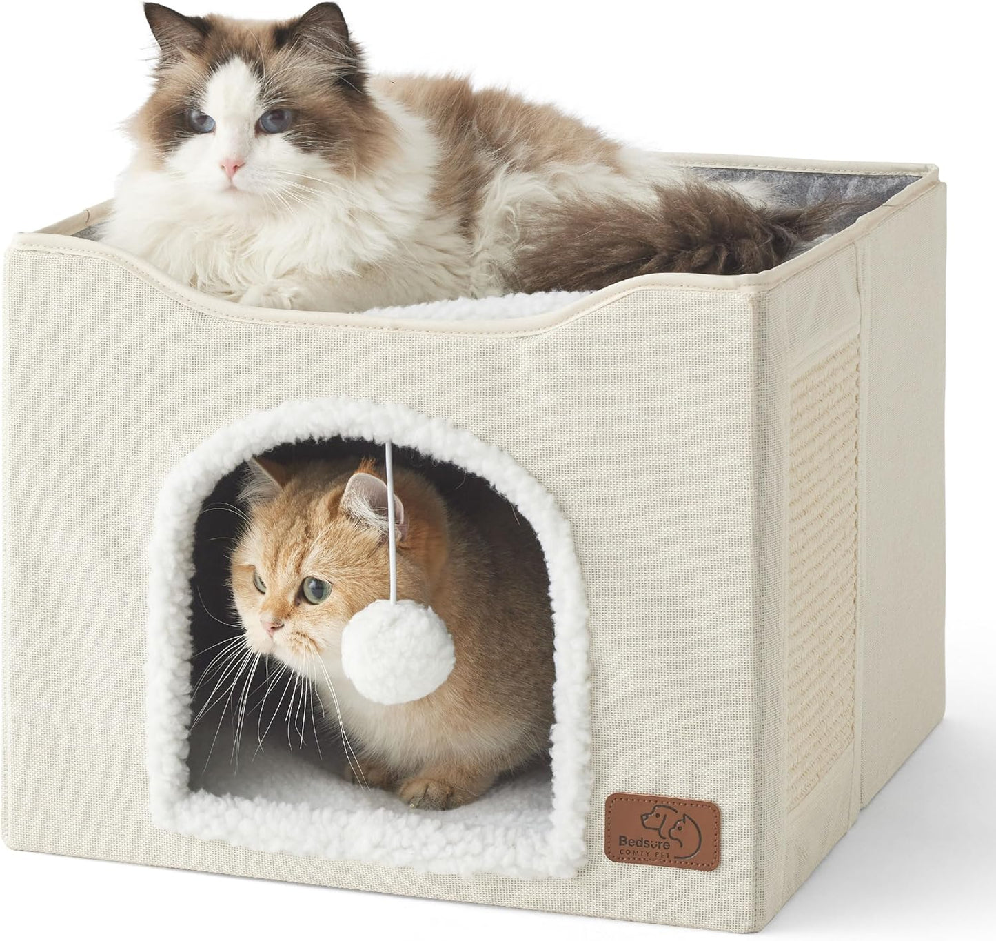 Bedsure Cat Beds for Indoor Cats - Large Cat Cave for Pet Cat House with Fluffy Ball Hanging and Scratch Pad, Foldable Cat Hideaway, 16.5x16.5x13 inches, Ivory
