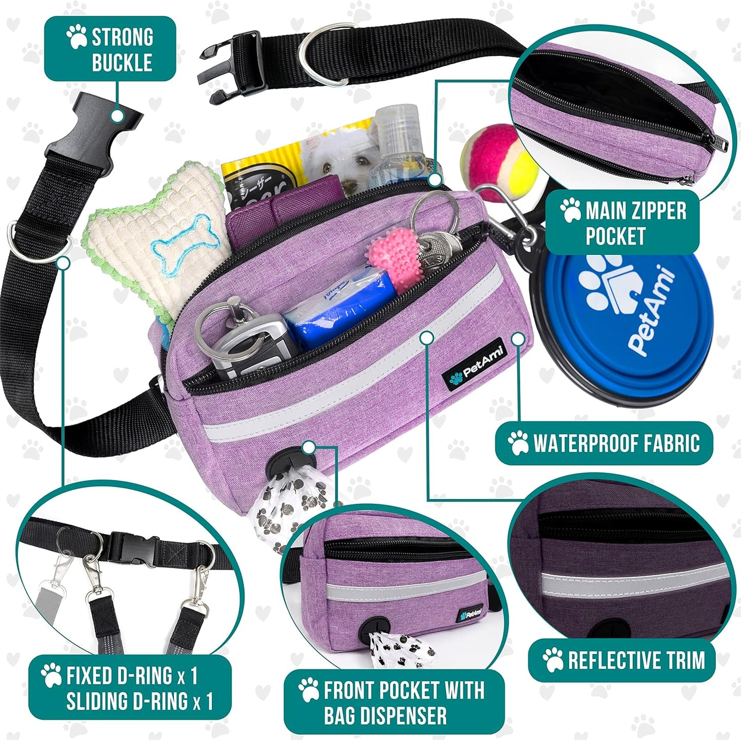 PetAmi Hands Free Dog Leash, Dog Running Leash Belt for Walking Jogging, Dog Waist Zipper Pouch Fanny Pack with Poop Bag Dispenser, Dual Padded Handle Bungee Leash for Small Medium Large Dogs, Single