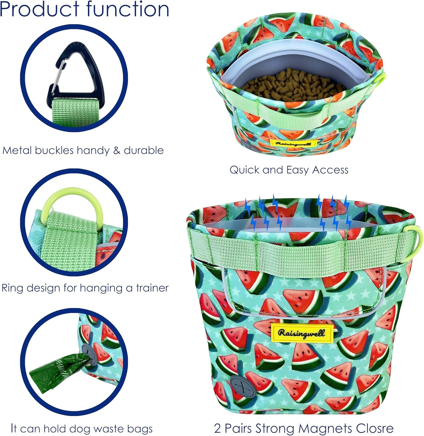 Dog Treat Pouch for Pet Walking and Training with Clicker 2 Cup Silicone Bag Small Fanny Pack Holder for Puppy Snack Dispenser Kit for Leash and Outdoor Use (Watermelon)