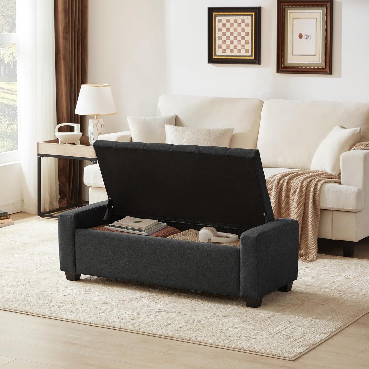 48" Ottoman with Storage, Storage Ottoman Bench with Safety Hinge, Upholstered Entryway Bench with Seating for Bedroom, Living Room, Holds up to 330 lb, Dark Gray