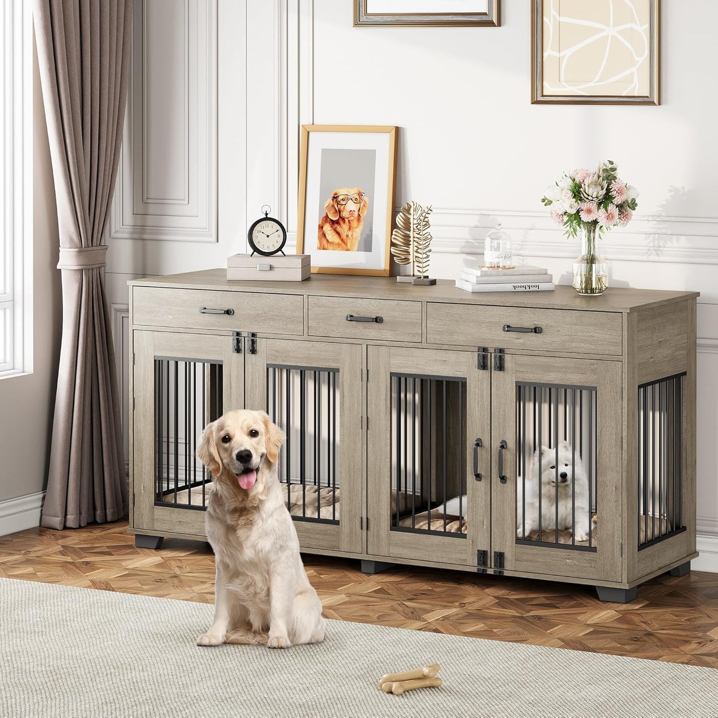 71 in Dog Crate Furniture for 2 Dogs, Wooden Double Dog Crate with 3 Drawers and Removable Room Divider, XXL Indoor Dog Kennel TV Stand End Table with Double Doors for Large Medium Dogs, Grey