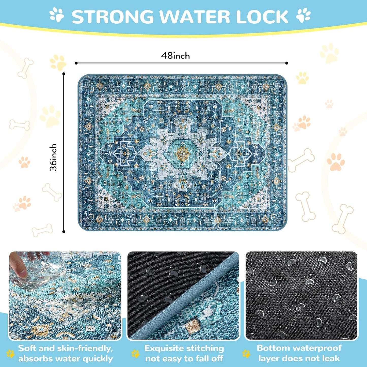 Lahome Reusable Washable Puppy Pads - 2 Pack Super Absorbent & Waterproof Dog Training Mats for Potty, Crate and Floor - Leakproof Pee Pads with Non-Slip Backing (Blue, 36"x48")