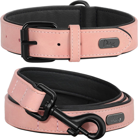 Didog Soft Padded Leather Dog Collar and Leash Set, Pink Breathable Pet Collars with 4FT PU Leather Dog Leash for Small Medium Large Dogs, Pink, XL