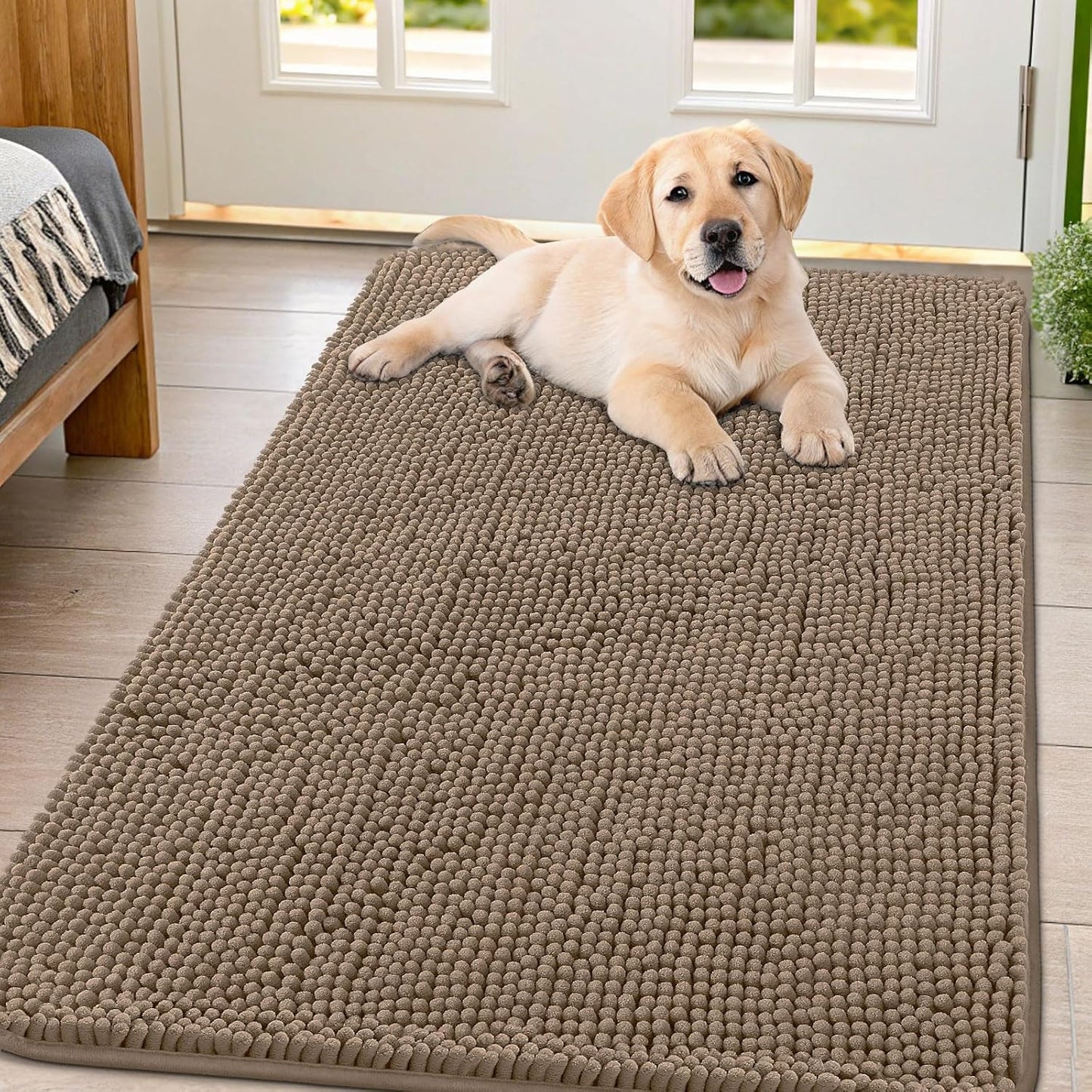 Smiry Dog Door Mat for Muddy Paws 47x32, Absorbs Moisture and Dirt Doormat, Non-Slip Washable Quick Dry Chenille Front Door Mat Indoor Entrance, Entryway Carpet for Inside Floor, Camel