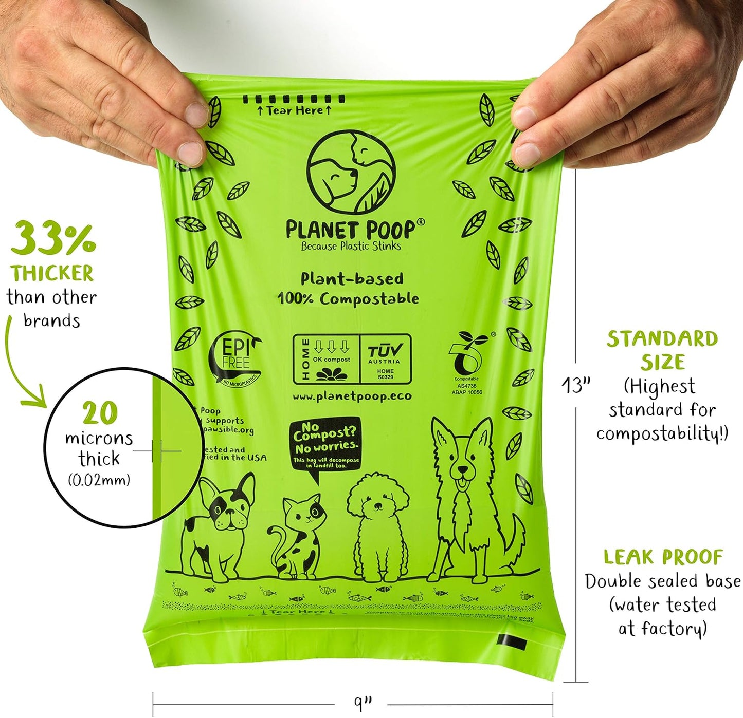 PLANET POOP Home Compostable Dog Poop Bags, Large Single Roll 300 Grab & Go, for Dogs Un-Scented Dog Waste Bags, Thick Leakproof Doggy Cat Bag, Plant-Based Pet Supplies