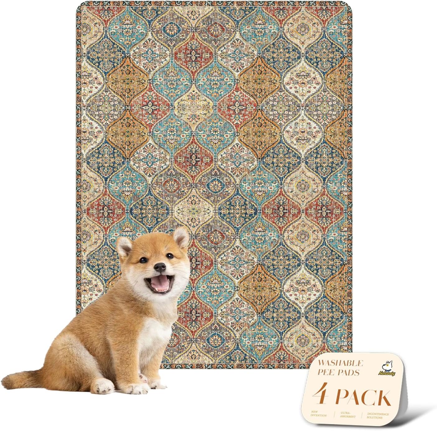 nunubaby 4PACK Washable Pee Pads for Dogs, Stylish, Non-Slip and Leak-Proof Pee Pads. Reusable Potty Pads for Dogs for Crates and Floors.(Cream/Multi, 18" x24")