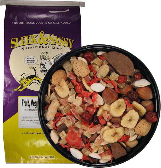 SLEEK & SASSY Fruit, Veggie, Nut Parrot Treat Perfect for Large Conures, Amazons, African Greys, Cockatoos, Pionus-Parrots & Macaws (20 lbs.)