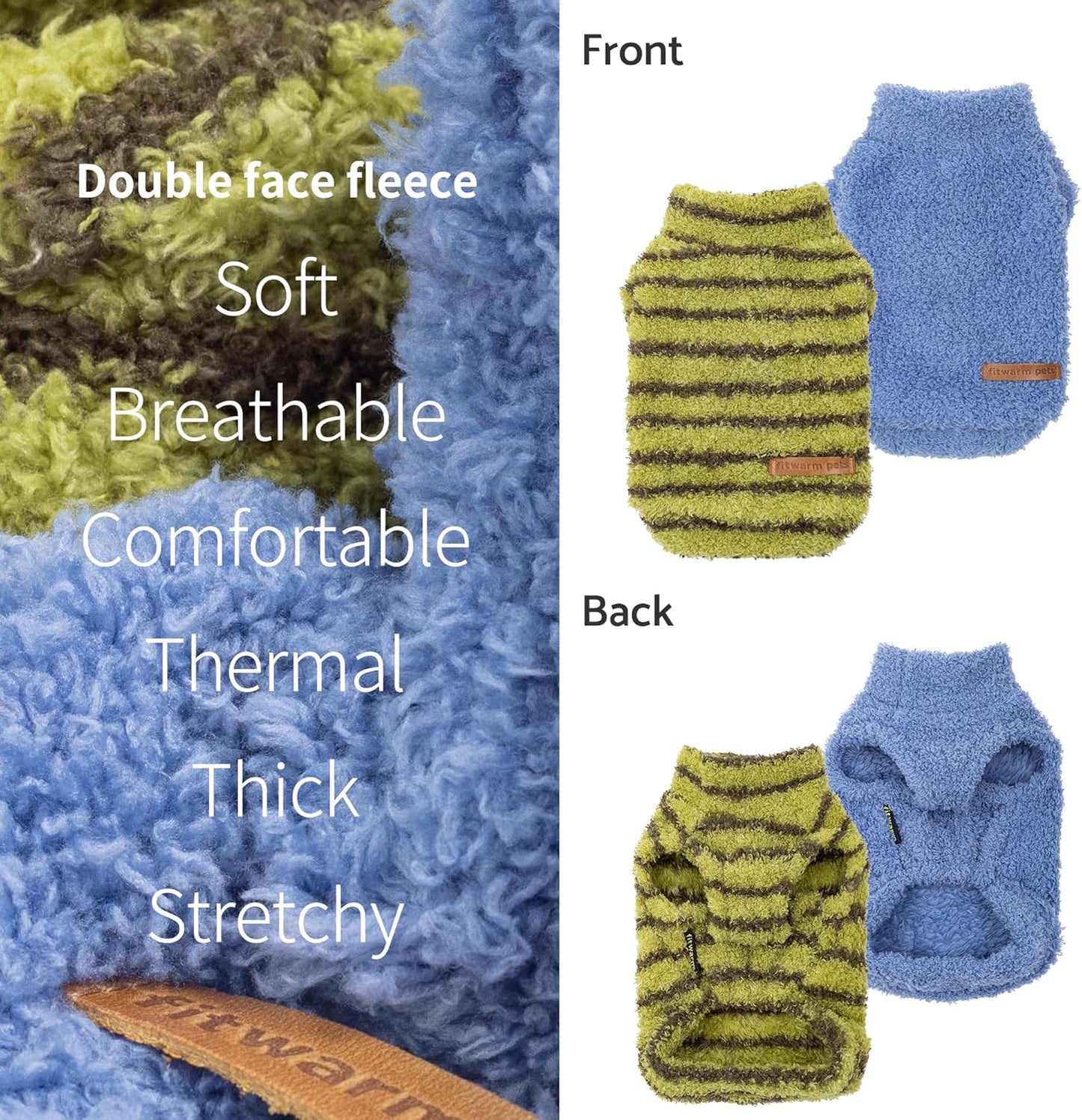Fitwarm 2 Pack Striped Fleece Dog Sweater, Warm Winter Clothes for Small Dogs Boy Girl, Fuzzy Pet Outfit, Sky Blue, Olive Green, XXL
