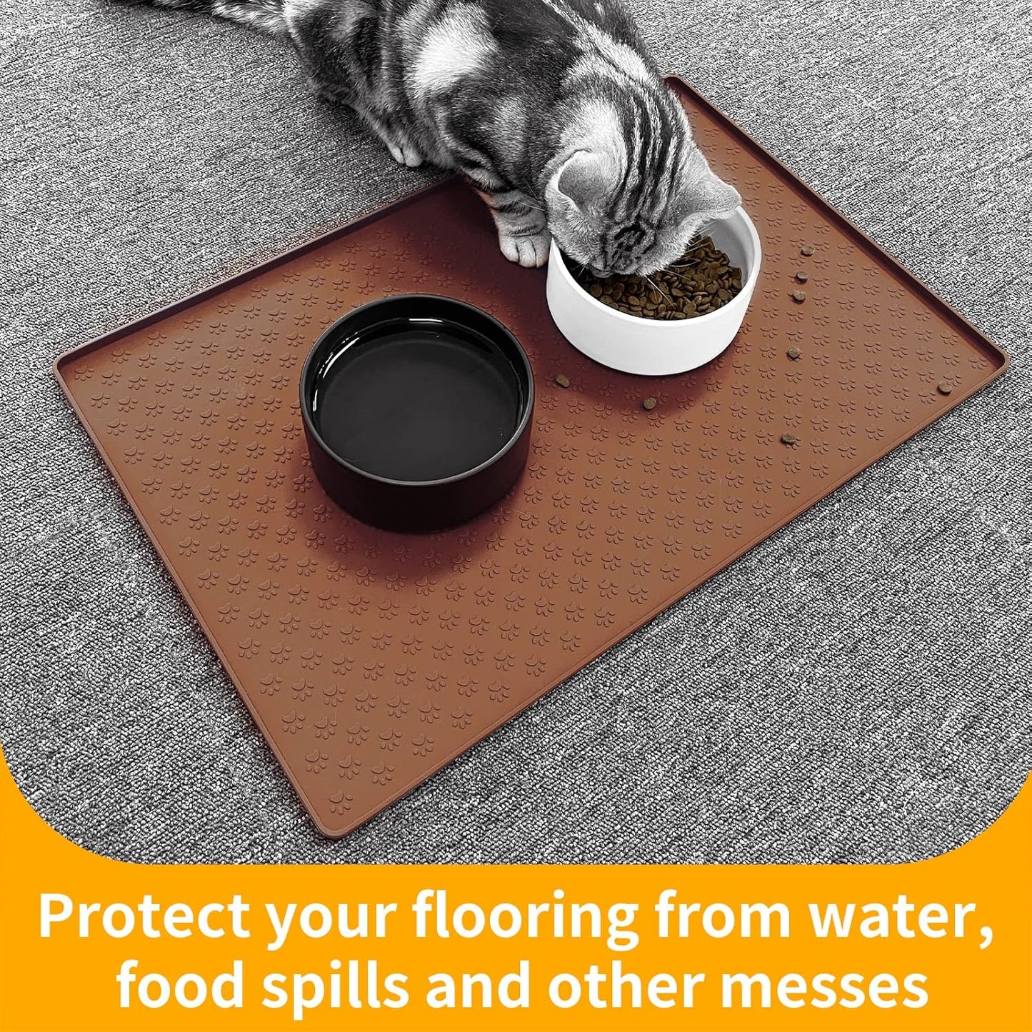 Ptlom Pet Placemat for Dog and Cat, Waterproof Silicone Pet Feeding Bowl Mats for Food and Water, Small Medium Large Dogs Mat Prevent Residues from Spilling to Floor, Brown, 24.5" 16.5"