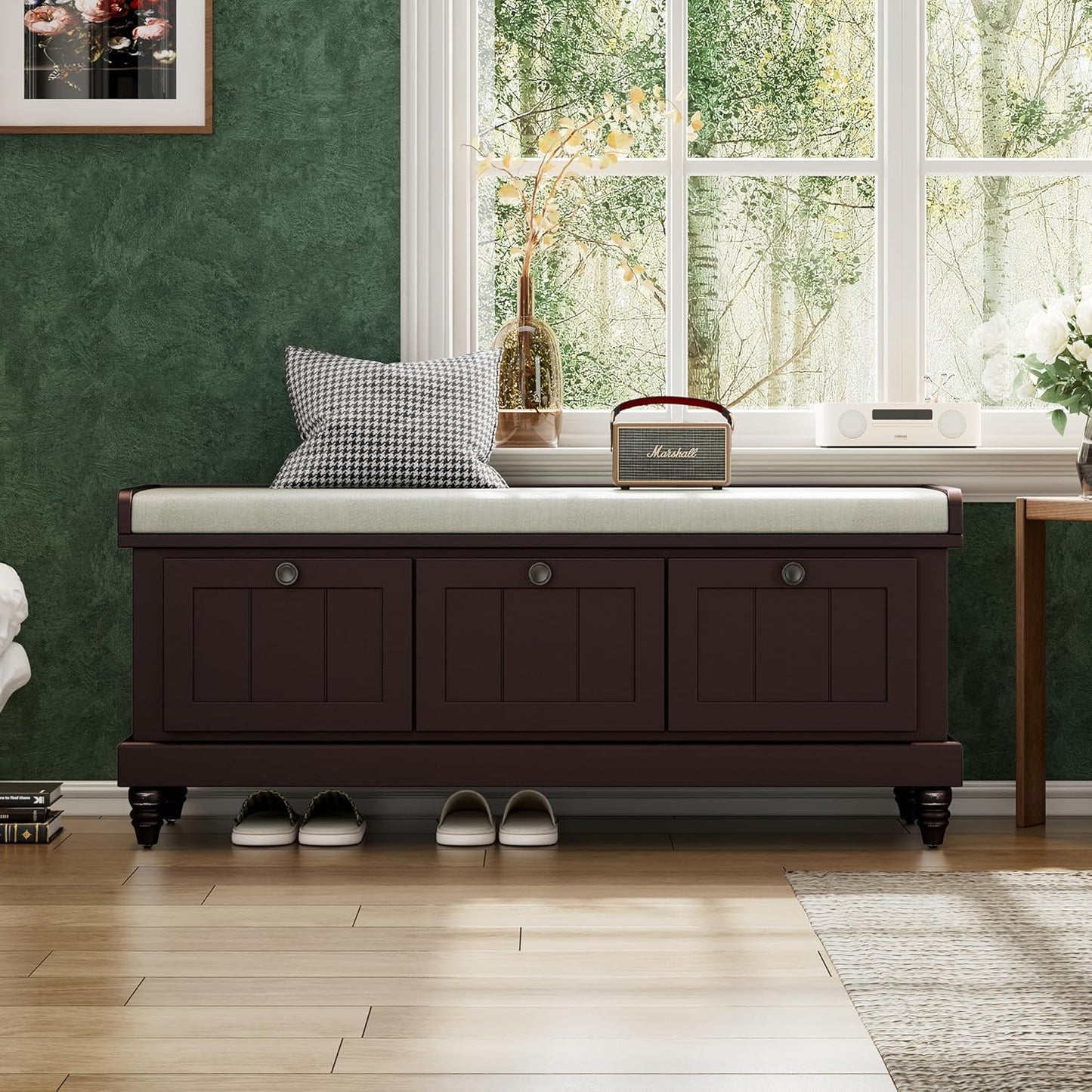 Classic Shoe Storage Bench with Cushion and Three Drawers, Fluted Entryway Bench with Storage for Entryway, Living Room, Hallways 44.0" L x 15.9" W x 18.9" H Espresso