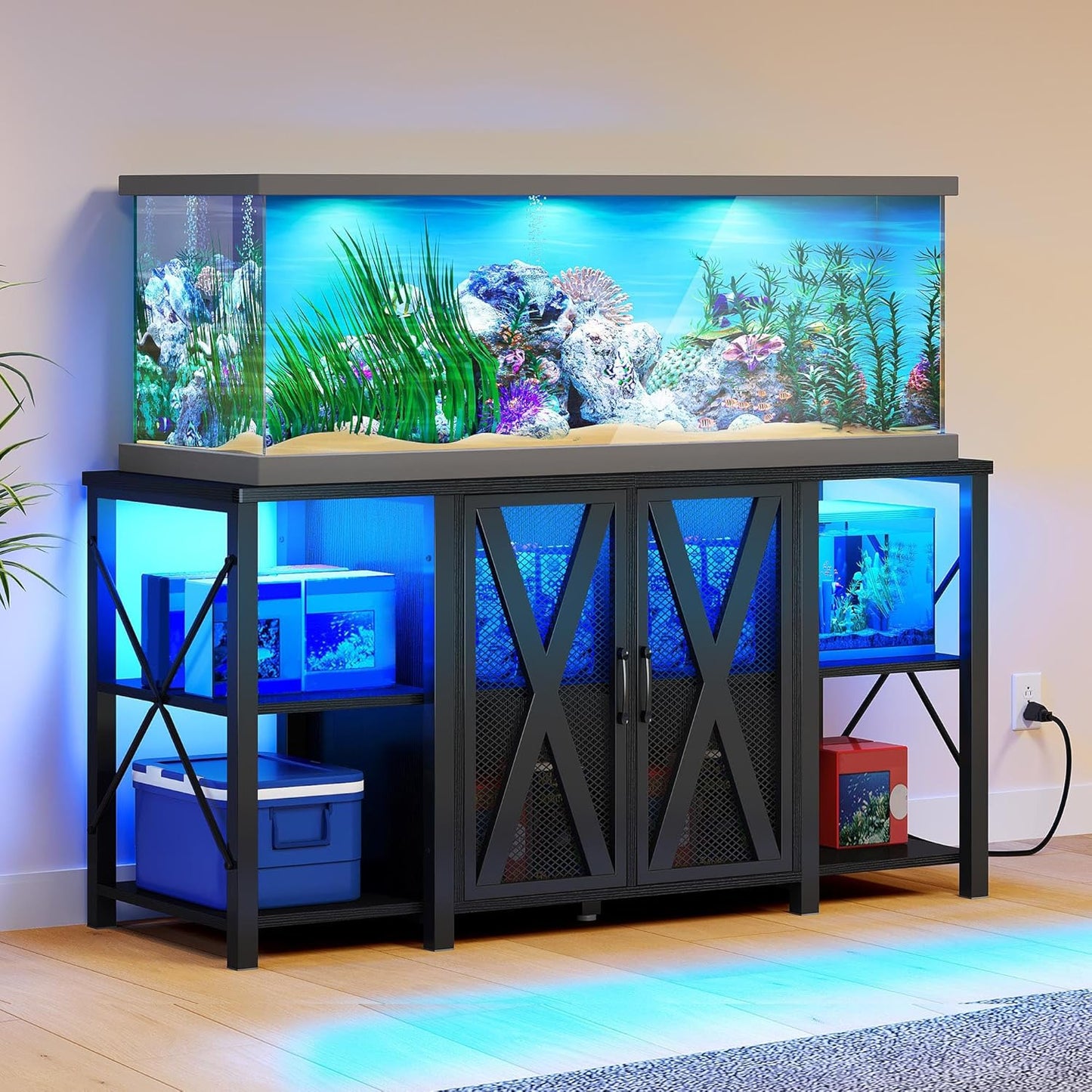 YITAHOME 90-120 Gallon Reptile Tank Stand with Power Outlet & LED Light, Heavy Duty Aquarium Stand w Accessories Storage Cabinet - Metal Fish Tank Stand for Turtle, Reptile, 2000LBS Capacity, Black