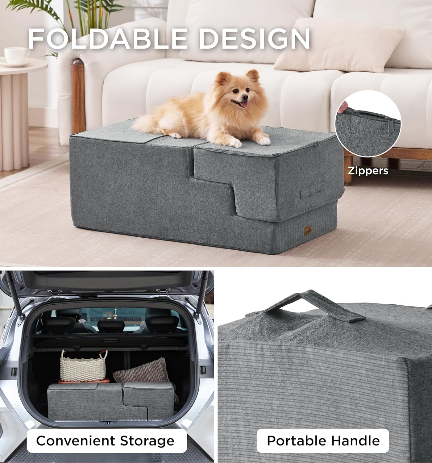 Made4Pets Dog Stairs for High Bed, Extra Wide Pet Stairs for Bed Couch Sofa, 35D Foam Pet Steps for Small Dogs and Cats, Non-Slip Bottom Dog Steps, Grey, 5 Steps